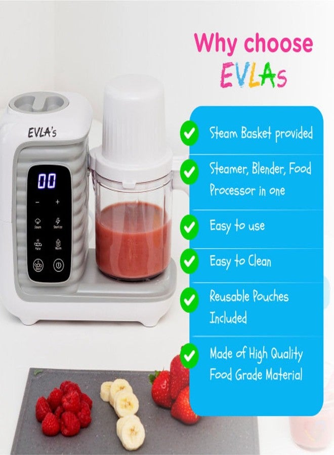 EVLA'S Double Baby Food Maker with 2 Steaming Baskets, Steamer, Blender, Grinder, Food Processor, Cook & Blends Healthy Baby Food in Minutes, Touch Screen, with 6 food pouches, White - Image 3